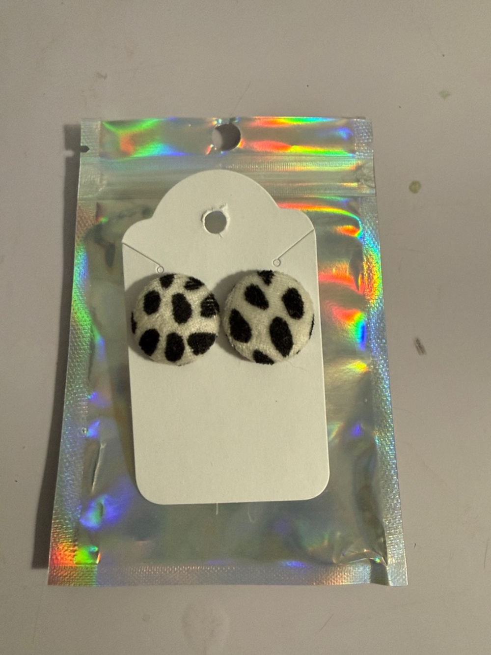 Faux Fur Black and White Leopard Button Stud Earrings